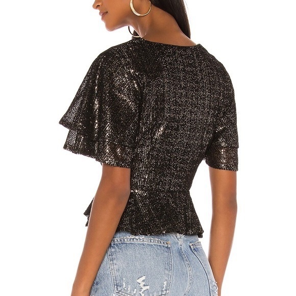 House of Harlow 1960 x Revolve Suri Sequin Wrap V-Neck Ruffle Sleeve Cropped Top - Picture 2 of 5